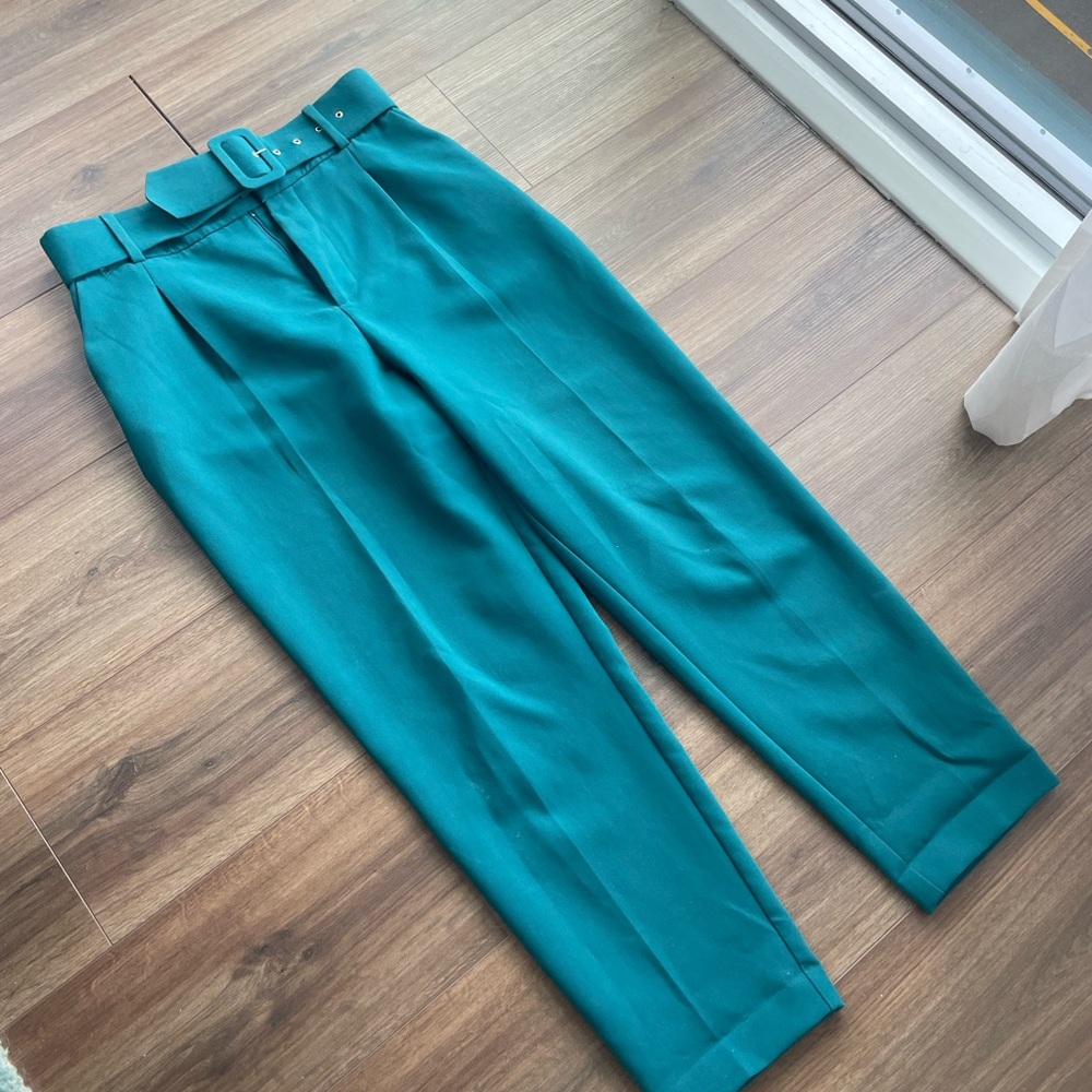 Teal Zara High-Waisted Trousers with Belt
